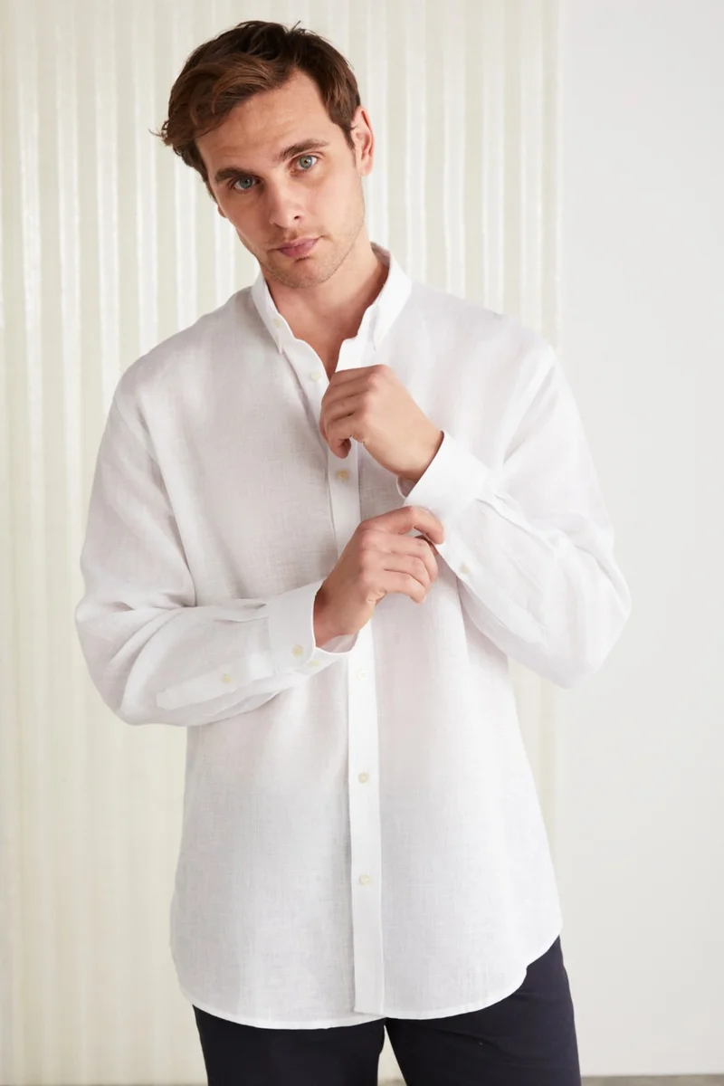 GRIMELANGE Brice Men's 100% Linen Fabric Loose White Shirt