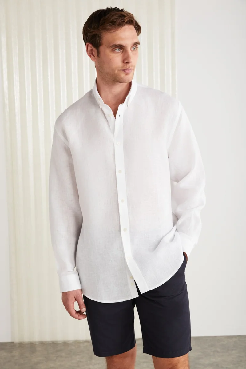 GRIMELANGE Brice Men's 100% Linen Fabric Loose White Shirt