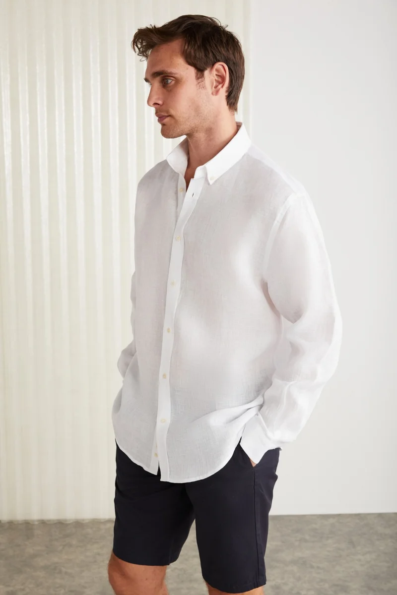 GRIMELANGE Brice Men's 100% Linen Fabric Loose White Shirt