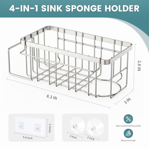 StorageRight 4-in-1 Sponge Holder for Kitchen Sink, Kitchen Organizers and Storage with Adhesive Hook & Suction Cups, Rustproof Sink Caddy for Kitchen Decor, Kitchen Sink Organizer - Silver - Image 2