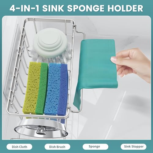 StorageRight 4-in-1 Sponge Holder for Kitchen Sink, Kitchen Organizers and Storage with Adhesive Hook & Suction Cups, Rustproof Sink Caddy for Kitchen Decor, Kitchen Sink Organizer - Silver - Image 3