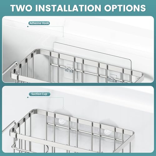 StorageRight 4-in-1 Sponge Holder for Kitchen Sink, Kitchen Organizers and Storage with Adhesive Hook & Suction Cups, Rustproof Sink Caddy for Kitchen Decor, Kitchen Sink Organizer - Silver - Image 4