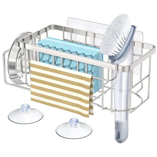 StorageRight 4-in-1 Sponge Holder for Kitchen Sink, Kitchen Organizers and Storage with Adhesive Hook & Suction Cups, Rustproof Sink Caddy for Kitchen Decor, Kitchen Sink Organizer - Silver - Image 1