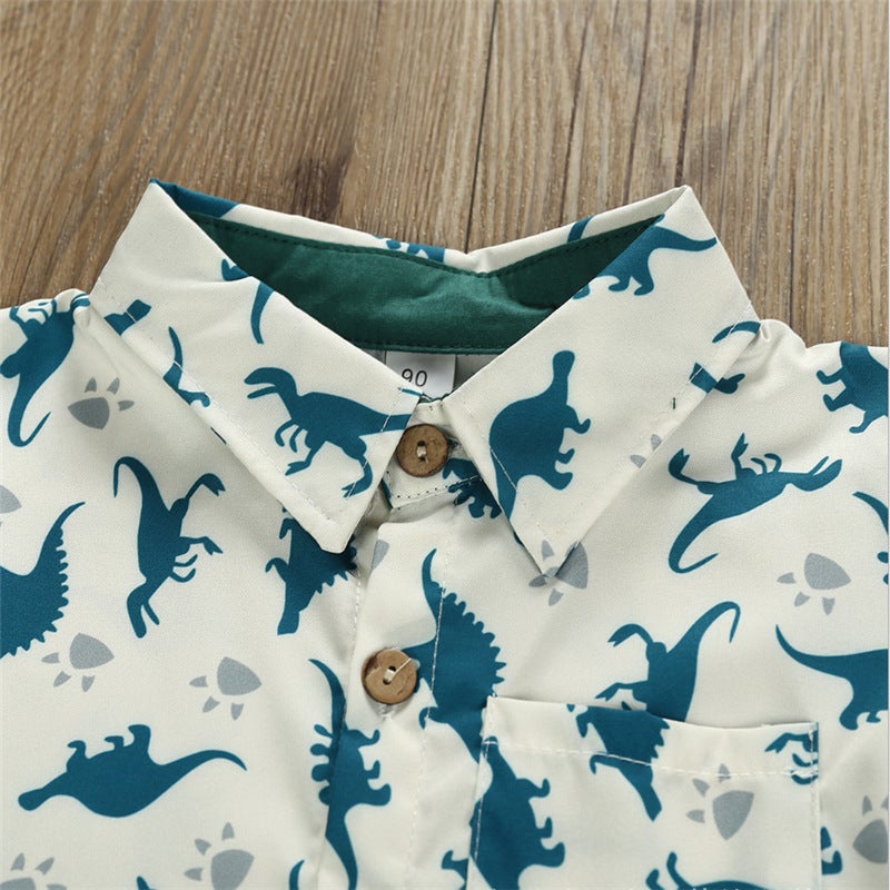 Boys'' Summer Suit 2021 New Foreign Trade Small and Medium-sized Boys'' Shirt Dinosaur Printed Short-sleeved Gentleman Suit - Image 4