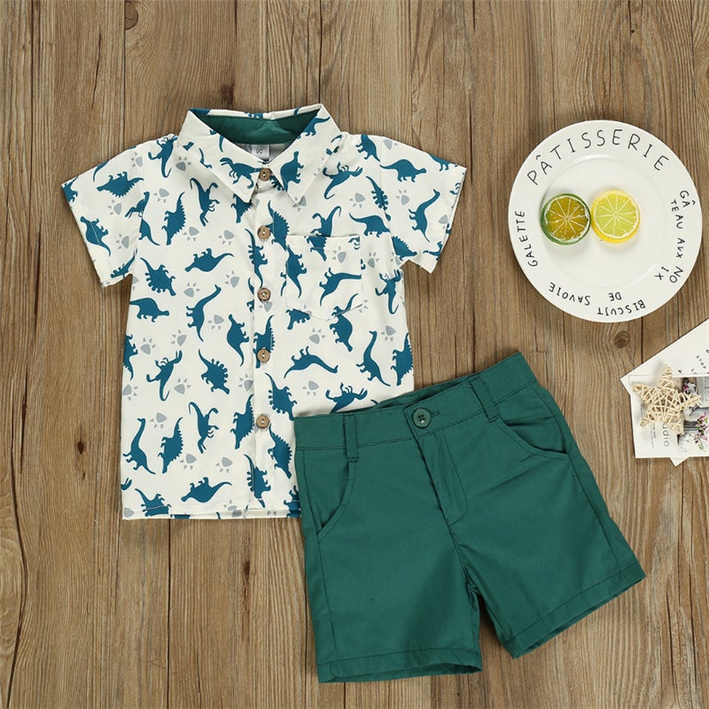 Boys'' Summer Suit 2021 New Foreign Trade Small and Medium-sized Boys'' Shirt Dinosaur Printed Short-sleeved Gentleman Suit - Image 2