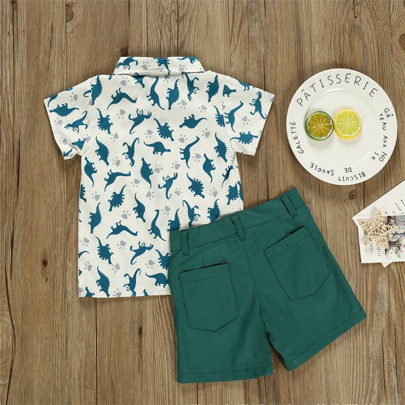 Boys'' Summer Suit 2021 New Foreign Trade Small and Medium-sized Boys'' Shirt Dinosaur Printed Short-sleeved Gentleman Suit - Image 3