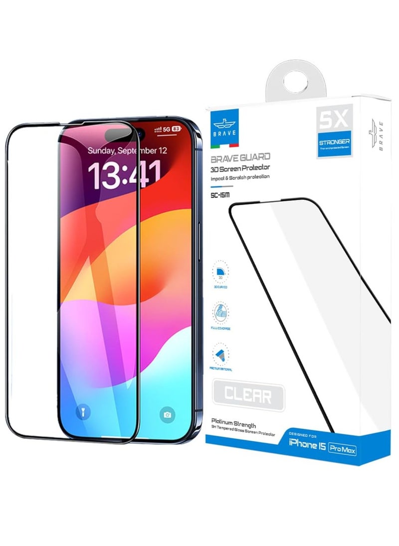Brave Premium Screen Protector for iPhone 15 Pro Max 6.7 inch, 9H Hardness Tempered Glass with Easy Installation Tray, 3D Edge-to-Edge Full Coverage, Bubble-Free Application, Scratch-Resistant Surface, Anti-Fingerprint Coating, HD Clarity, Ultra-Slim Design, High Touch Response, Case Compatible, Crystal Clear Display  - Image 1