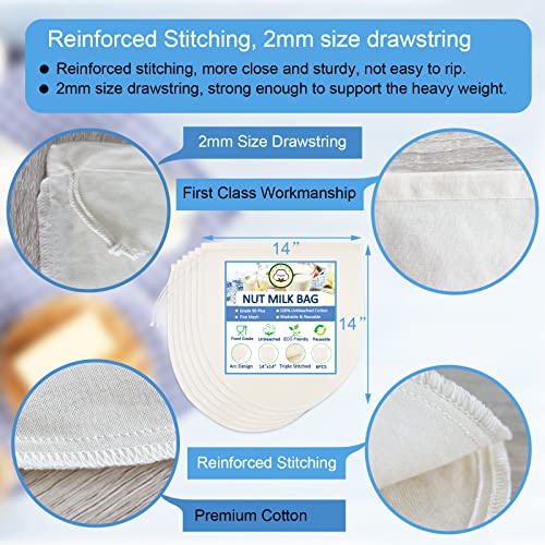 Huppar 6 Pack 14"x14" Nut Milk Bags - 100% Unbleached Cotton, Food Strainer, Reusable Cheesecloth,Straining Almond/Oat/Soy Milk, Cold Brew Coffee, Cloth Bag for Cheese/Yogurt/Juice/Tea/Wine/Soup/Herbs - Image 2