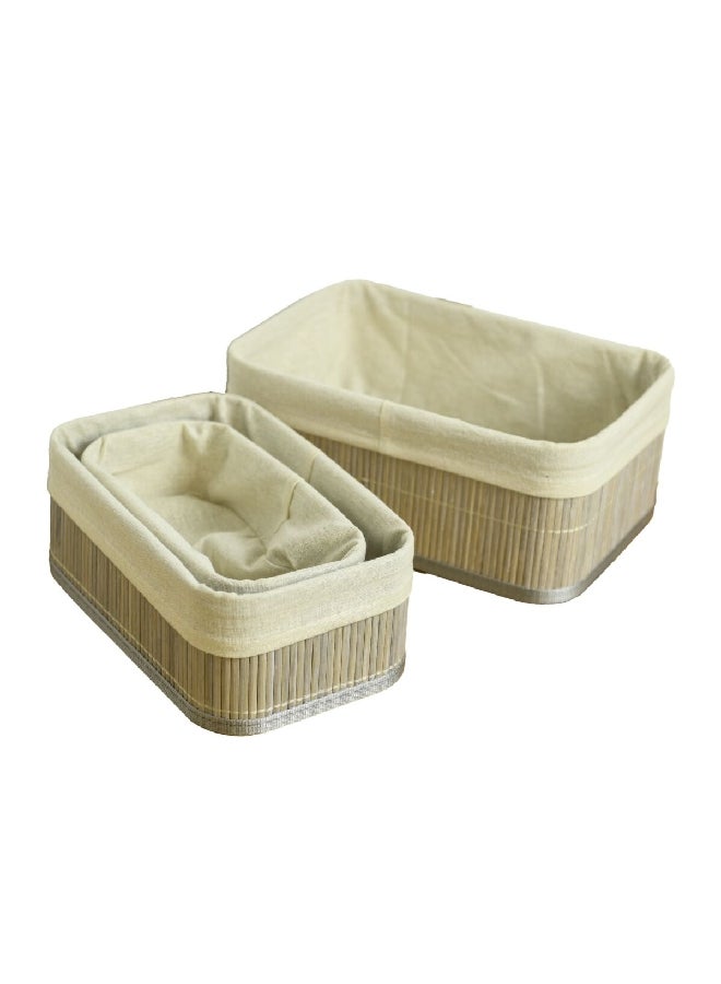 HONEYBEE 3-Piece Rectangular Shape Bamboo Storage Basket Set with Liner Brown and Beige 12 x 20 x 30 cm 237317  - Image 1