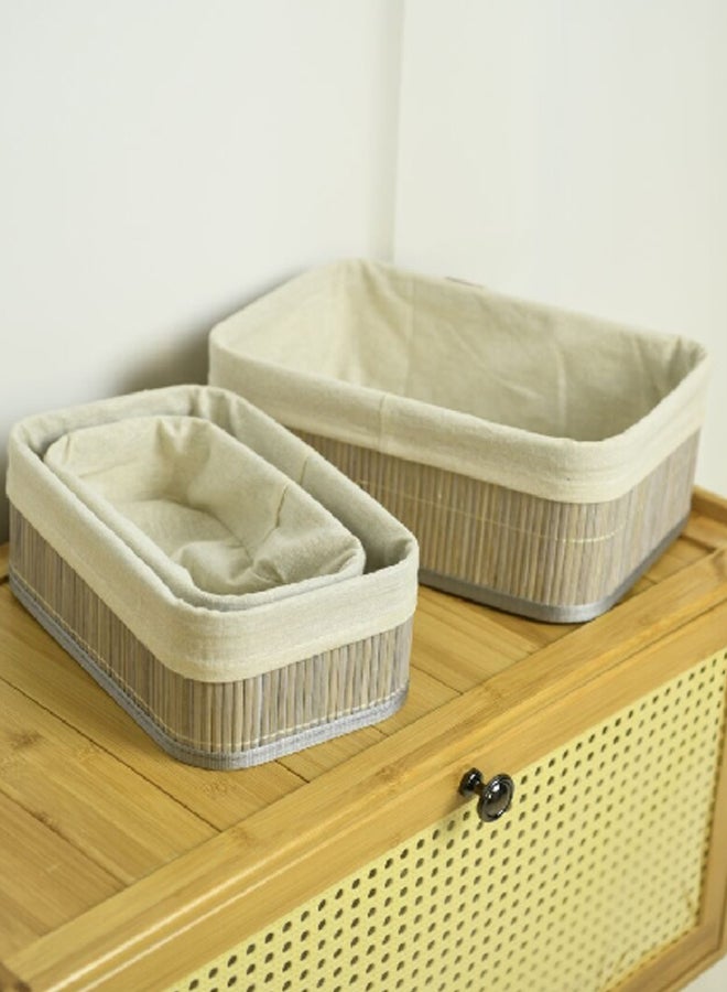 HONEYBEE 3-Piece Rectangular Shape Bamboo Storage Basket Set with Liner Brown and Beige 12 x 20 x 30 cm 237317  - Image 2