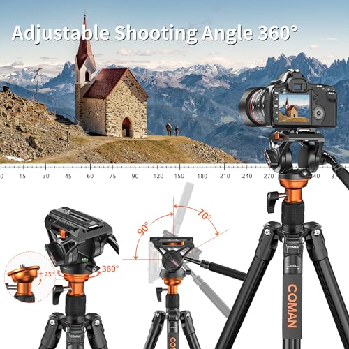 COMAN 73" Camera Tripod with Fluid Head, Detachable Compact Tripod with Monopod Aluminium Alloy and Quick Release Plate for DJI Canon Nikon Sony DSLR Camera Max Load 22.04lbs/10kg (FF06S) - Image 5