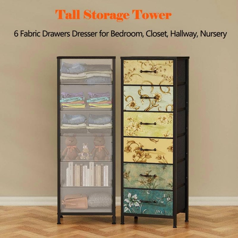 Furnulem Tall 6 Drawers Dresser, Vintage Storage Organizer Unit with Fabric Bins for Bedroom, Living Room, Closet, Nusery, Dorm, Entryway, Bedside Furniture, Sturdy Metal Frame, Wood Top - Image 5