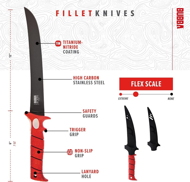 Bubba 12 Inch Flex Curved Fillet Knife with Non-Slip Grip Handle, Full Tang Stainless Steel Non-Stick Titanium Blade, Lanyard Hole and Synthetic Sheath for Fishing - Image 3