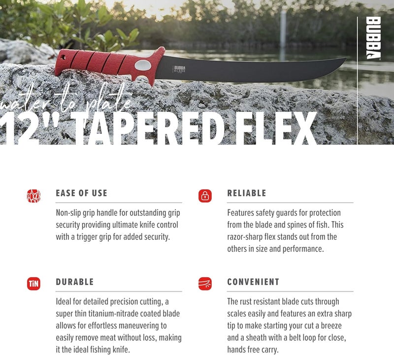 Bubba 12 Inch Flex Curved Fillet Knife with Non-Slip Grip Handle, Full Tang Stainless Steel Non-Stick Titanium Blade, Lanyard Hole and Synthetic Sheath for Fishing - Image 4