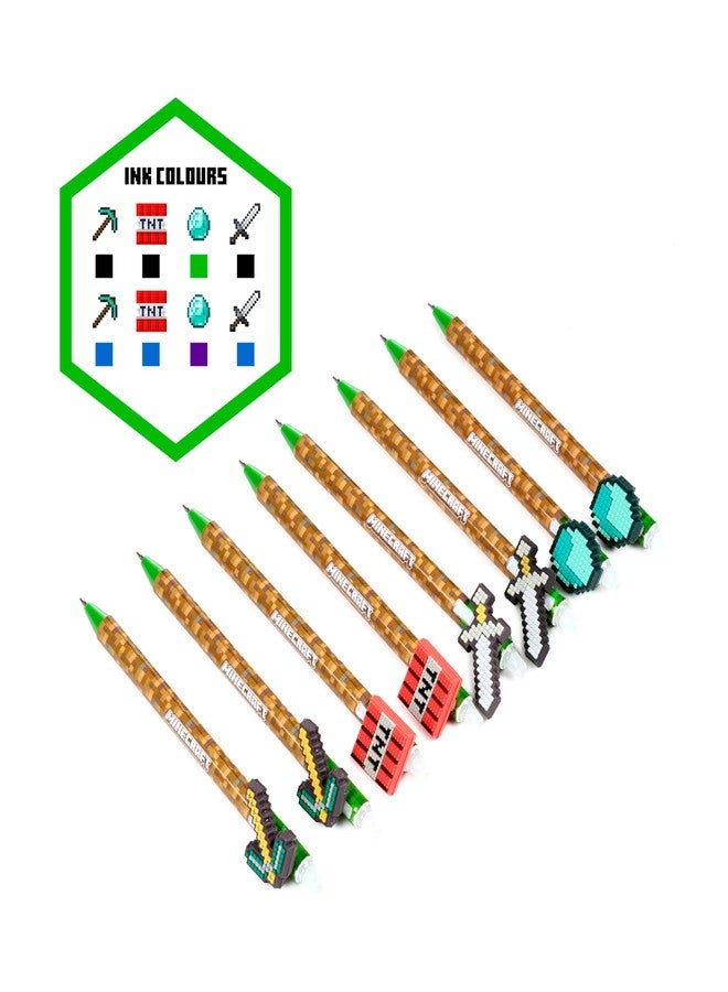 Puckator Set of 8 Erasable Pens with Minecraft Tools Silicone Topper - Cool Cute Aesthetic Back To School Supplies Erasable Gel Pens - Pen With Eraser Rubber For Kids Office Writing Drawing - Image 2