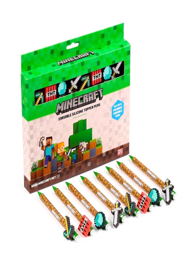Puckator Set of 8 Erasable Pens with Minecraft Tools Silicone Topper - Cool Cute Aesthetic Back To School Supplies Erasable Gel Pens - Pen With Eraser Rubber For Kids Office Writing Drawing - Image 1