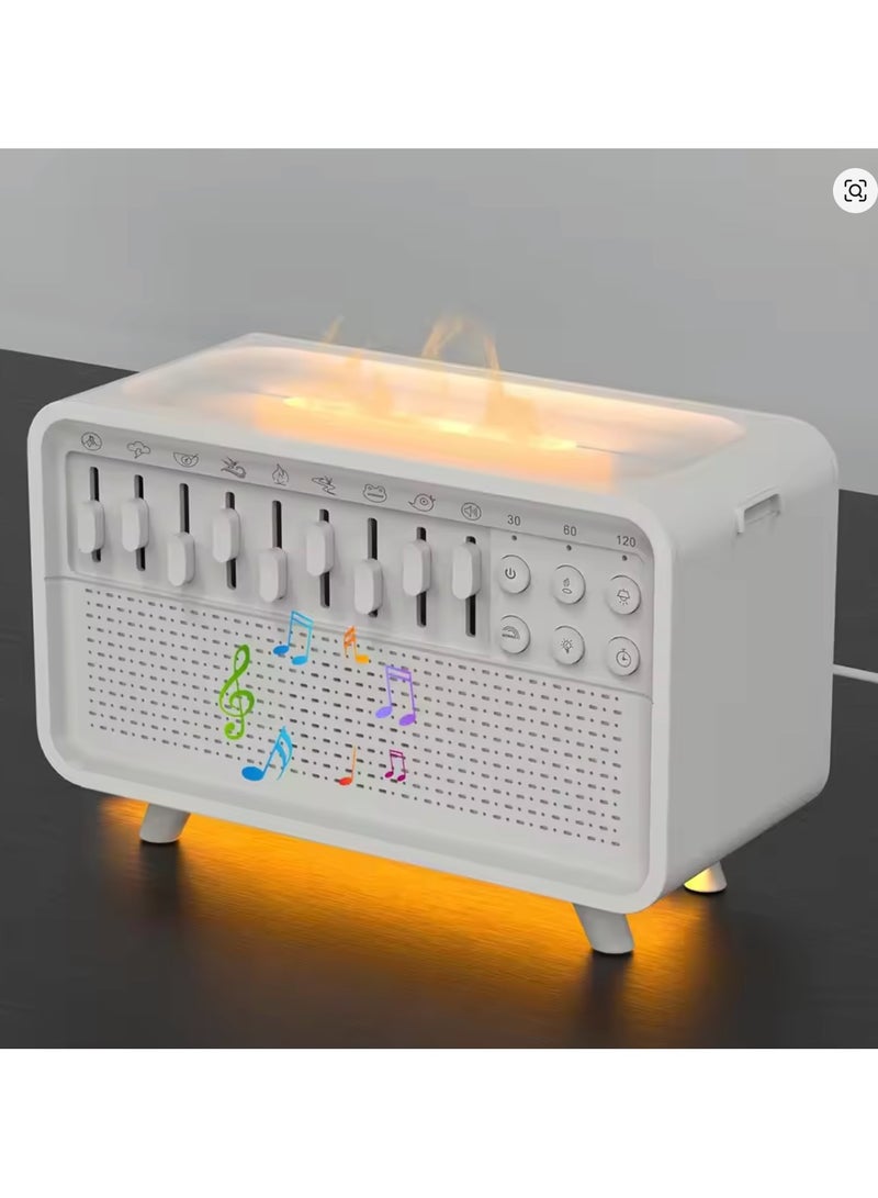 مكبر صوت بلوتوث مع مساعد للنوم بضوضاء بيضاء ومؤقت إيقاف تشغيل شريط الصوت ومحاكاة اللهب وإضاءة ليلية دافئة ومشغل موسيقى ومرطب للروائح - Image 1