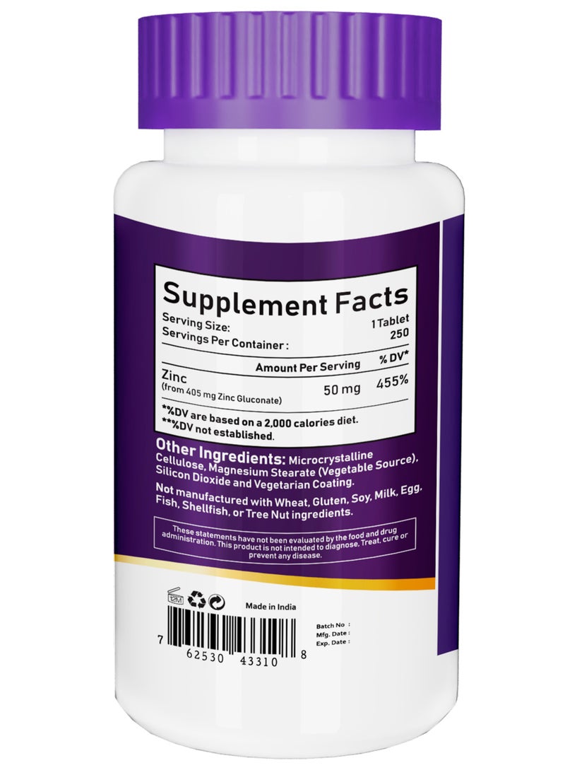 NBL Natural - Zinc Gluconate 50mg Supports Wellness Immune System and Reproductive Health 250 Tablets 250 Tablets (50mg) - Image 1