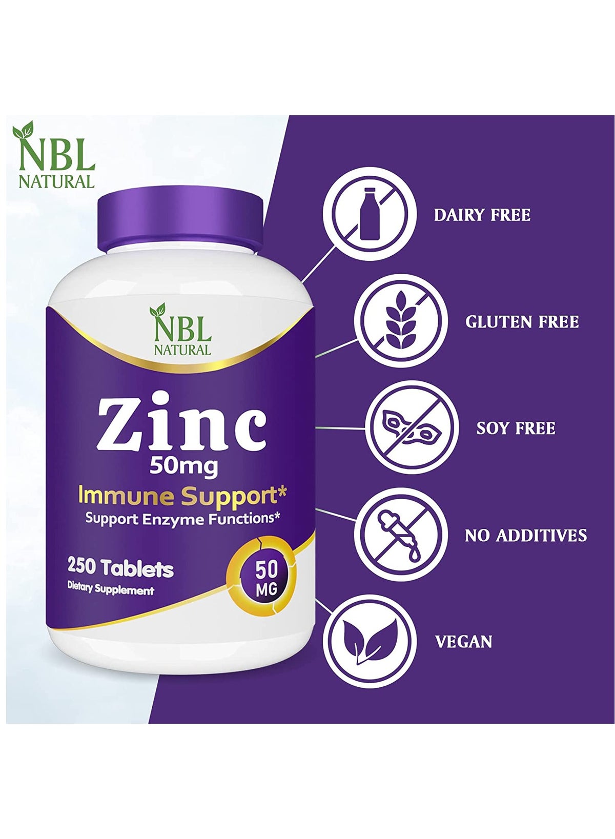 Nbl Natural Zinc Gluconate 50Mg Supports Wellness Immune System & Reproductive Health Tablets 250'S