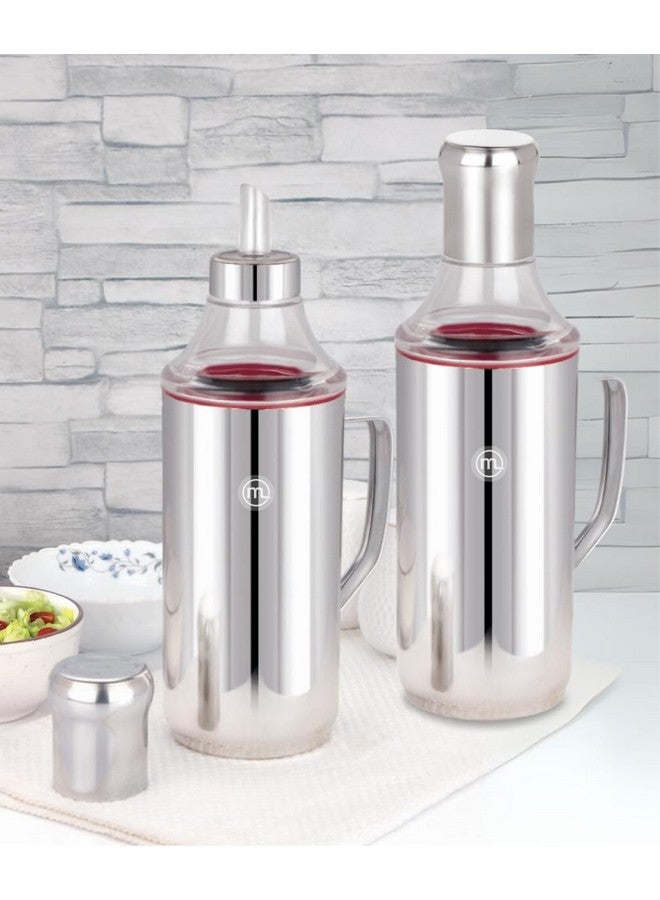 Mishaa Steel Oil Dispenser 1 Litre with Handle Set of 2, Leak-Proof Container with Airtight Lid Cap, Removable Nozzle for Cleaning & Easy Pouring in Oil Bottle, Perfect for Every Kitchen & Cooking - Image 1