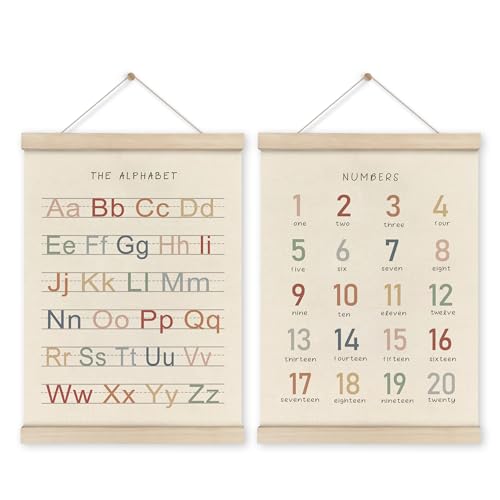 HRQKO Alphabet Numbers Poster Hanger Frame Set of 2, Nursery Wall Decor, ABC Banner Poster Wall Art with Wooden Frames, Alphabet Banner Wall Hanging Decor for Toddler Playroom Nursery, 12x16 Inch - Image 1