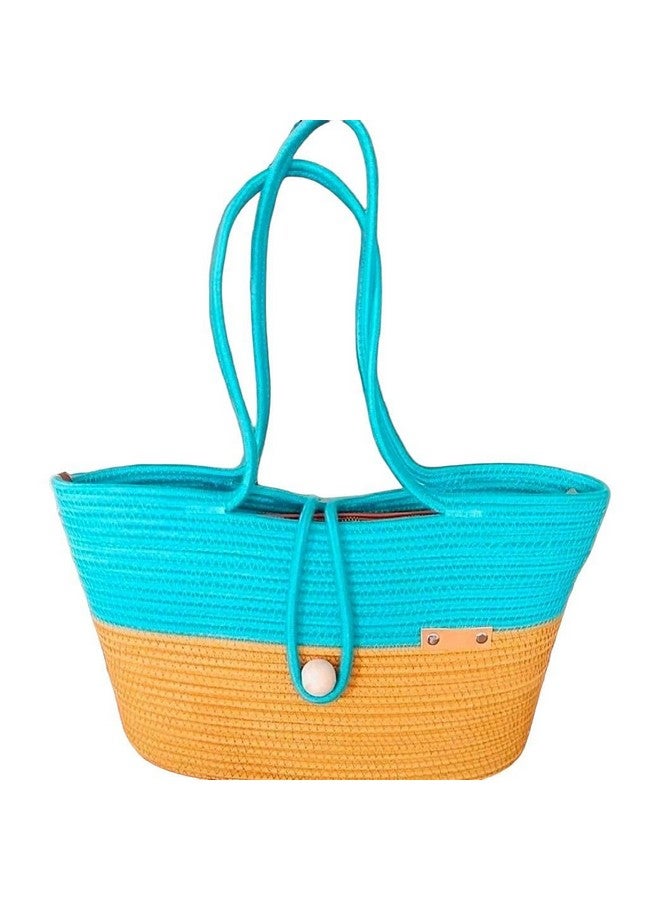 DYARCHY Attractive Hand Bag | Summer Bag | Bucket Bag | Basket Bag | Bamboo Tote | Beach Bags for Women | Boho Bag | Kauna Bag | Handbag | Jute Bag | Handmade Bag (YELLOW CYAN STYLISH) - Image 1