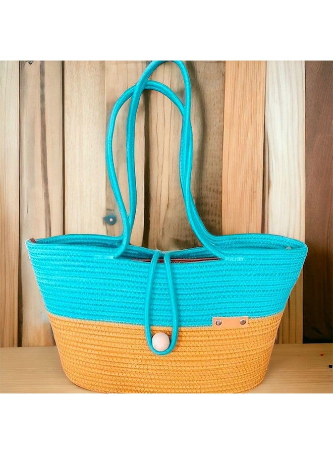 DYARCHY Attractive Hand Bag | Summer Bag | Bucket Bag | Basket Bag | Bamboo Tote | Beach Bags for Women | Boho Bag | Kauna Bag | Handbag | Jute Bag | Handmade Bag (YELLOW CYAN STYLISH) - Image 2