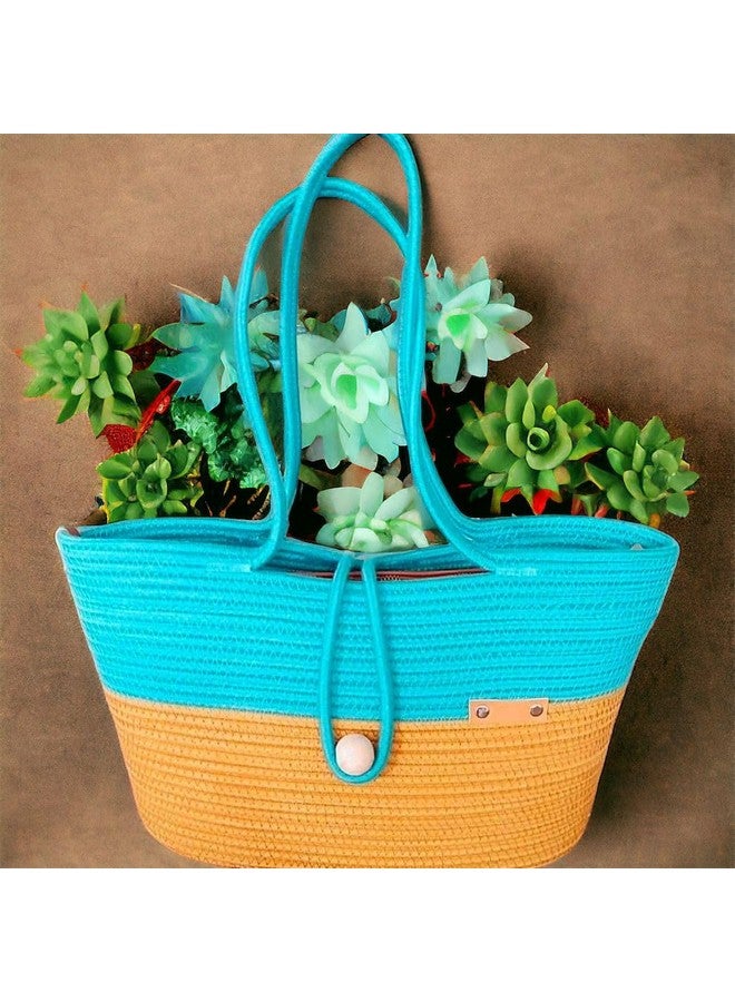 DYARCHY Attractive Hand Bag | Summer Bag | Bucket Bag | Basket Bag | Bamboo Tote | Beach Bags for Women | Boho Bag | Kauna Bag | Handbag | Jute Bag | Handmade Bag (YELLOW CYAN STYLISH) - Image 3