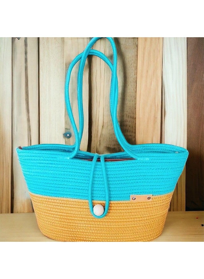 DYARCHY Attractive Hand Bag | Summer Bag | Bucket Bag | Basket Bag | Bamboo Tote | Beach Bags for Women | Boho Bag | Kauna Bag | Handbag | Jute Bag | Handmade Bag (YELLOW CYAN STYLISH) - Image 4