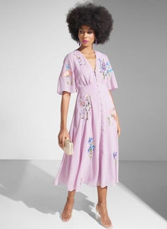 Hope & Ivy Embroidered Button Detail Flutter Sleeve Dress  - Image 1