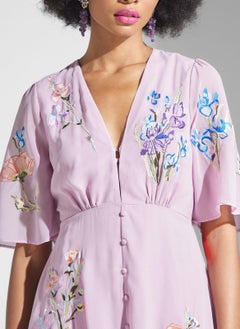 Hope & Ivy Embroidered Button Detail Flutter Sleeve Dress  - Image 3