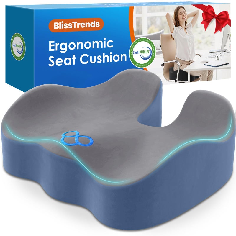 BlissTrends Seat Cushion,Thick Memory Foam Cushions for Office Chair, Car Seat, Airplane, Relieving Pressure Tailbone Sciatica Back Pain for Office Workers, Car Drivers 4.7in Thick Dark Grey&Blue - Image 1