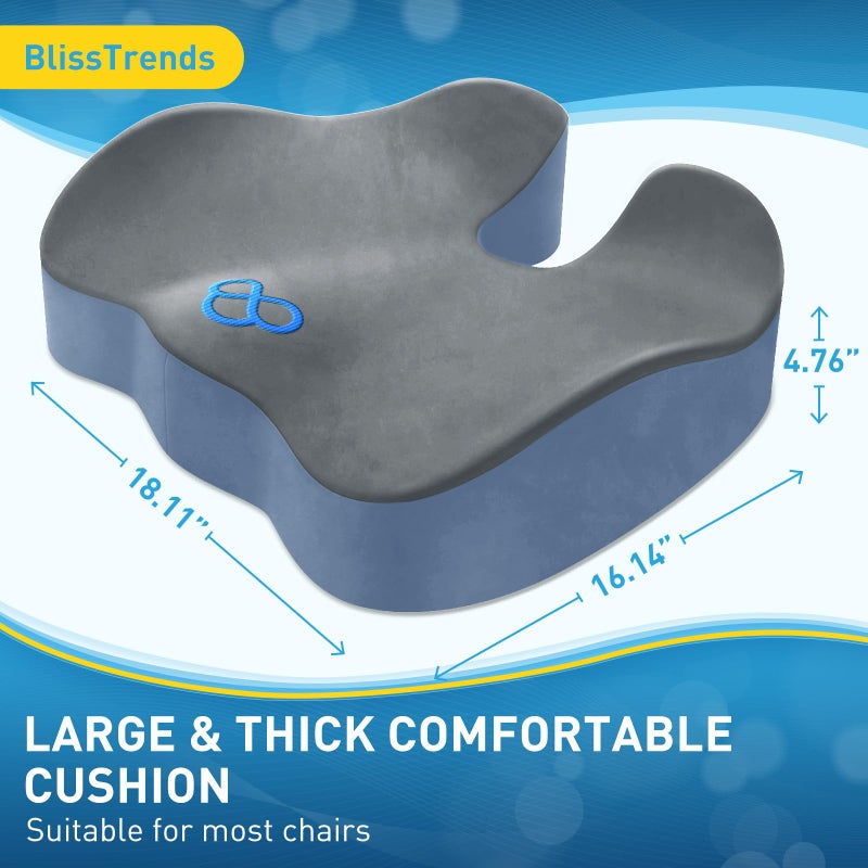 BlissTrends Seat Cushion,Thick Memory Foam Cushions for Office Chair, Car Seat, Airplane, Relieving Pressure Tailbone Sciatica Back Pain for Office Workers, Car Drivers 4.7in Thick Dark Grey&Blue - Image 3