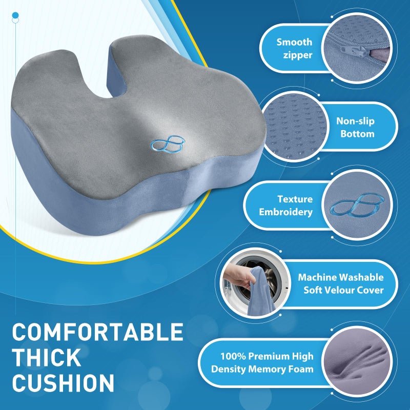 BlissTrends Seat Cushion,Thick Memory Foam Cushions for Office Chair, Car Seat, Airplane, Relieving Pressure Tailbone Sciatica Back Pain for Office Workers, Car Drivers 4.7in Thick Dark Grey&Blue - Image 5