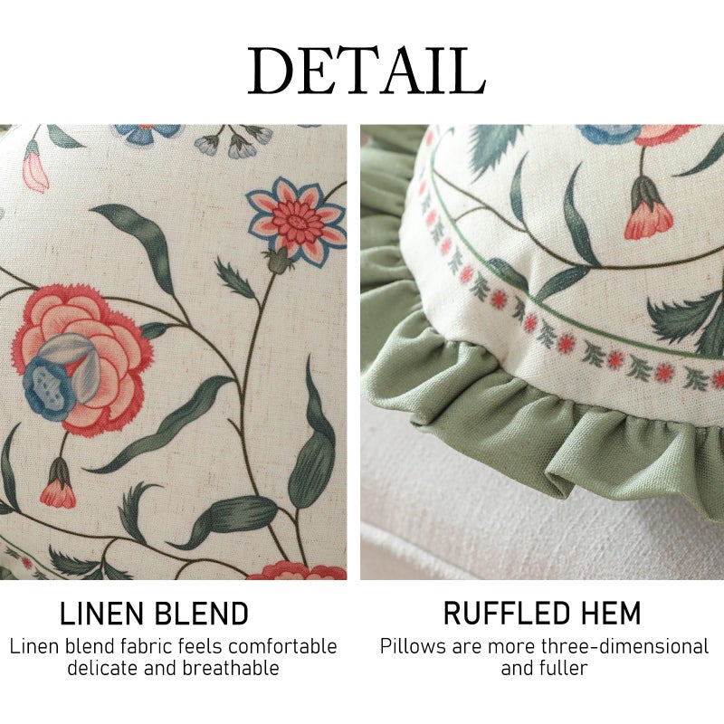 ISAENNE Design Round Retro Elegance Linen Throw Pillow Covers Diameter 16" Pack of 2, Green Pink Floral Pattern Cushion Covers Decor Pillowcases for Bed,Living Room,Outdoor,Car - Image 2