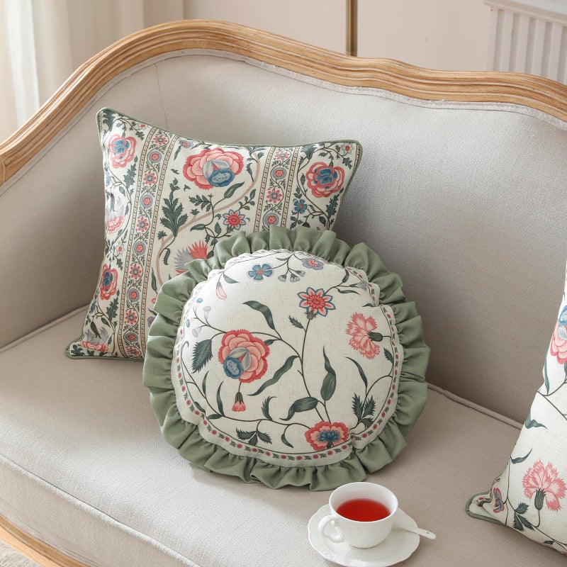 ISAENNE Design Round Retro Elegance Linen Throw Pillow Covers Diameter 16" Pack of 2, Green Pink Floral Pattern Cushion Covers Decor Pillowcases for Bed,Living Room,Outdoor,Car - Image 4