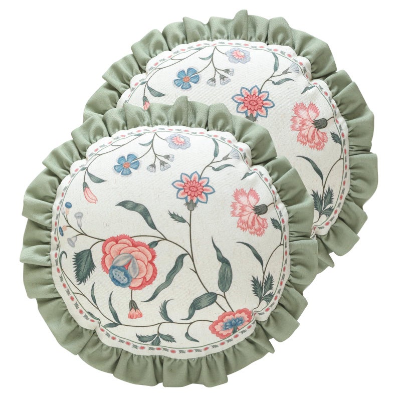 ISAENNE Design Round Retro Elegance Linen Throw Pillow Covers Diameter 16" Pack of 2, Green Pink Floral Pattern Cushion Covers Decor Pillowcases for Bed,Living Room,Outdoor,Car - Image 1