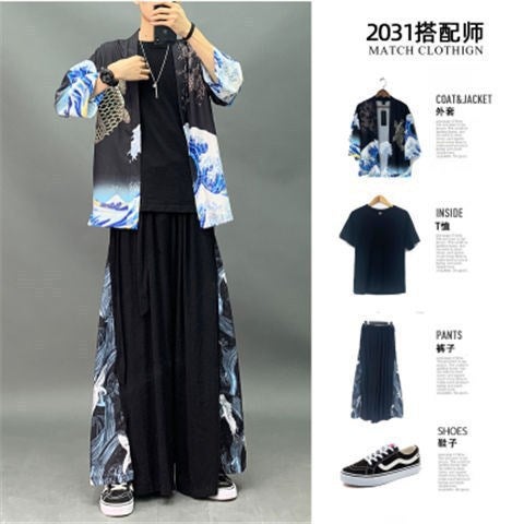 Mens Chinese Style Robe Set Fashion Trendy Hanfu Summer Tang Suit Traditional Costume Crucian Black T Black Pants