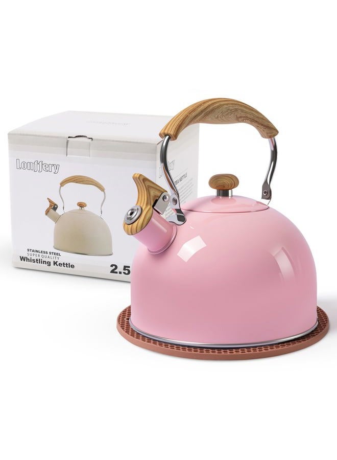 LONFFERY Tea Kettle, 2.5 Quart Whistling Tea Kettle, Tea Pots for Stove Top Food Grade Stainless Steel with Wood Pattern Folding Handle - Pink - Image 1
