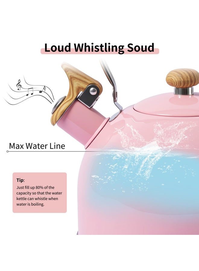 LONFFERY Tea Kettle, 2.5 Quart Whistling Tea Kettle, Tea Pots for Stove Top Food Grade Stainless Steel with Wood Pattern Folding Handle - Pink - Image 3