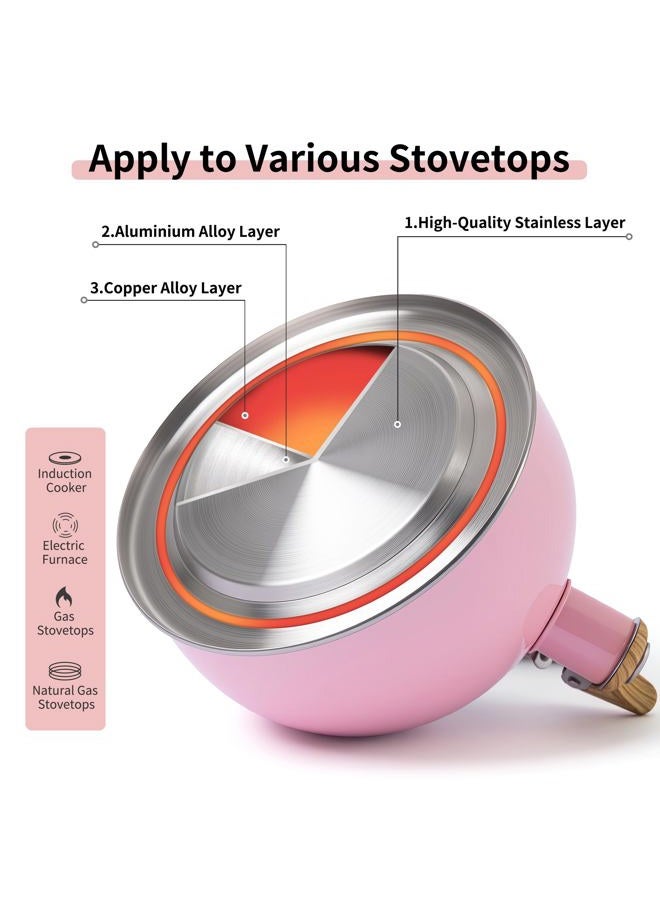 LONFFERY Tea Kettle, 2.5 Quart Whistling Tea Kettle, Tea Pots for Stove Top Food Grade Stainless Steel with Wood Pattern Folding Handle - Pink - Image 5