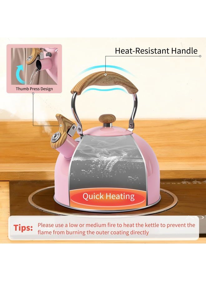 LONFFERY Tea Kettle, 2.5 Quart Whistling Tea Kettle, Tea Pots for Stove Top Food Grade Stainless Steel with Wood Pattern Folding Handle - Pink - Image 4