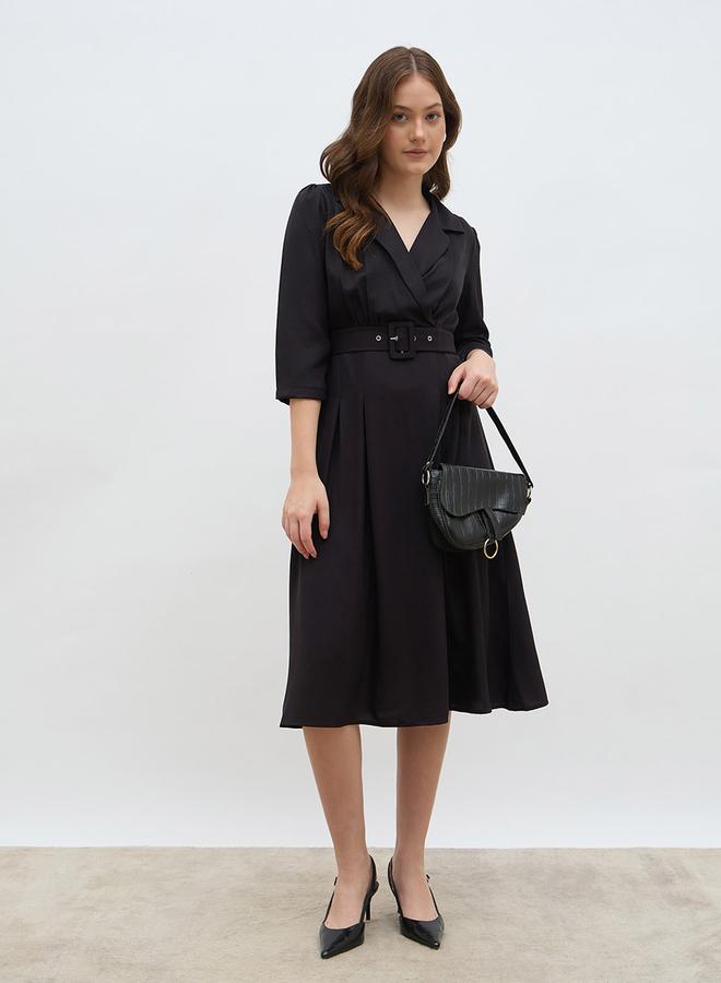 Styli Solid Pleated A-Line Wrap Midi Dress - Image 1