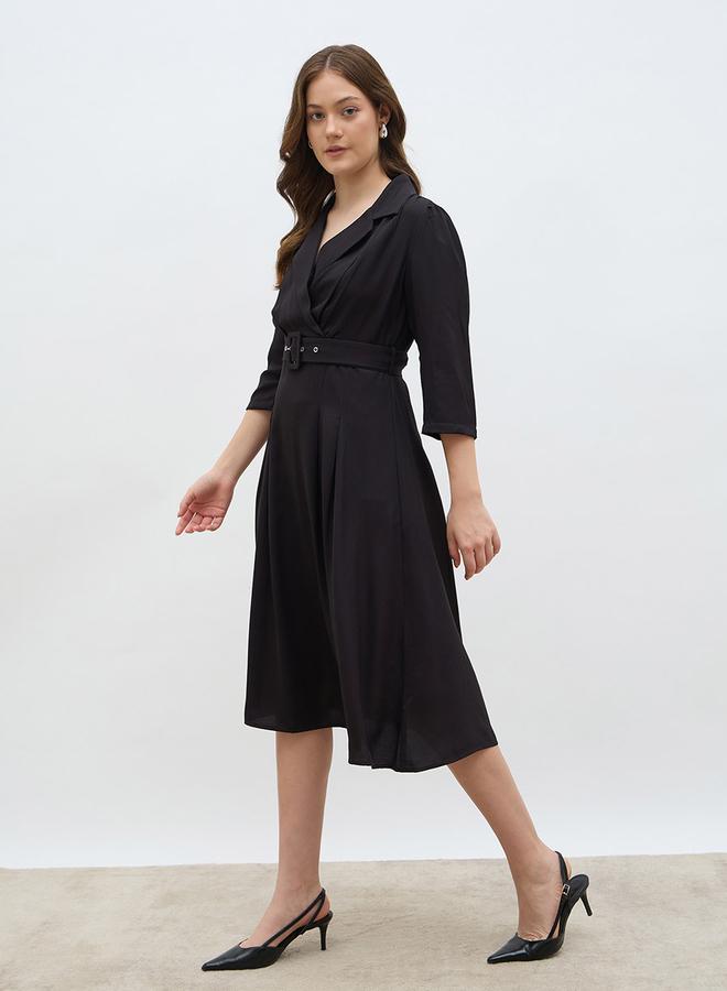 Styli Solid Pleated A-Line Wrap Midi Dress - Image 3