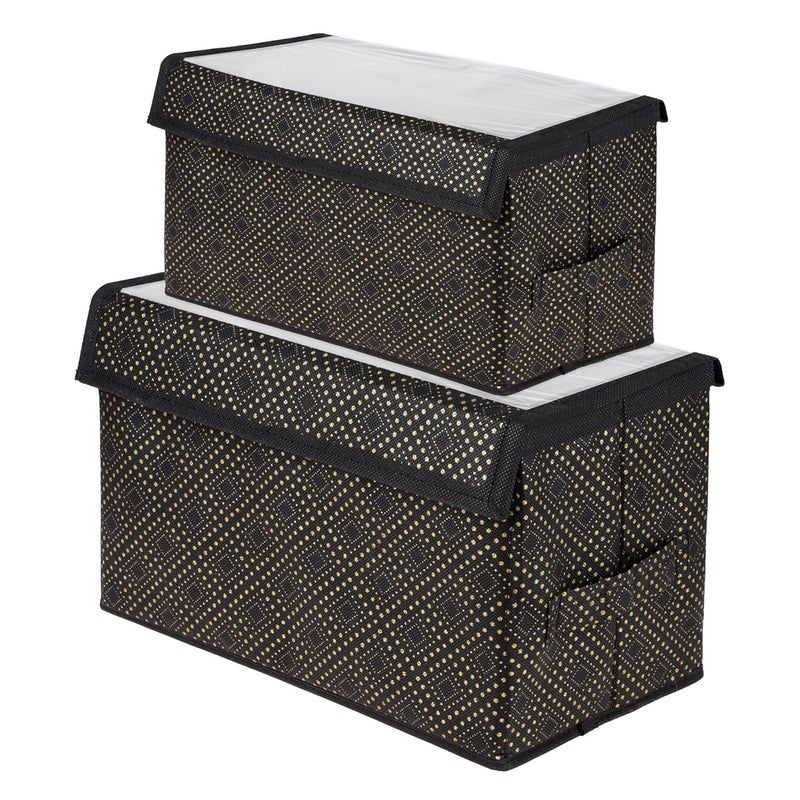 Kuber Industries Drawer Storage Box Clothes Drawer Organizer with Handle Transparent Lid with Velcro Wardrobe Organizer for Books Dhakkan Storage Box GoldenDot S M Pack of 2 Black - Image 1