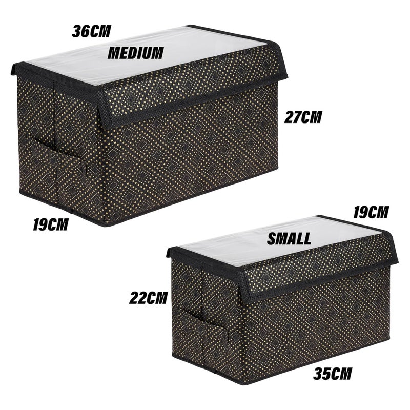 Kuber Industries Drawer Storage Box Clothes Drawer Organizer with Handle Transparent Lid with Velcro Wardrobe Organizer for Books Dhakkan Storage Box GoldenDot S M Pack of 2 Black - Image 4