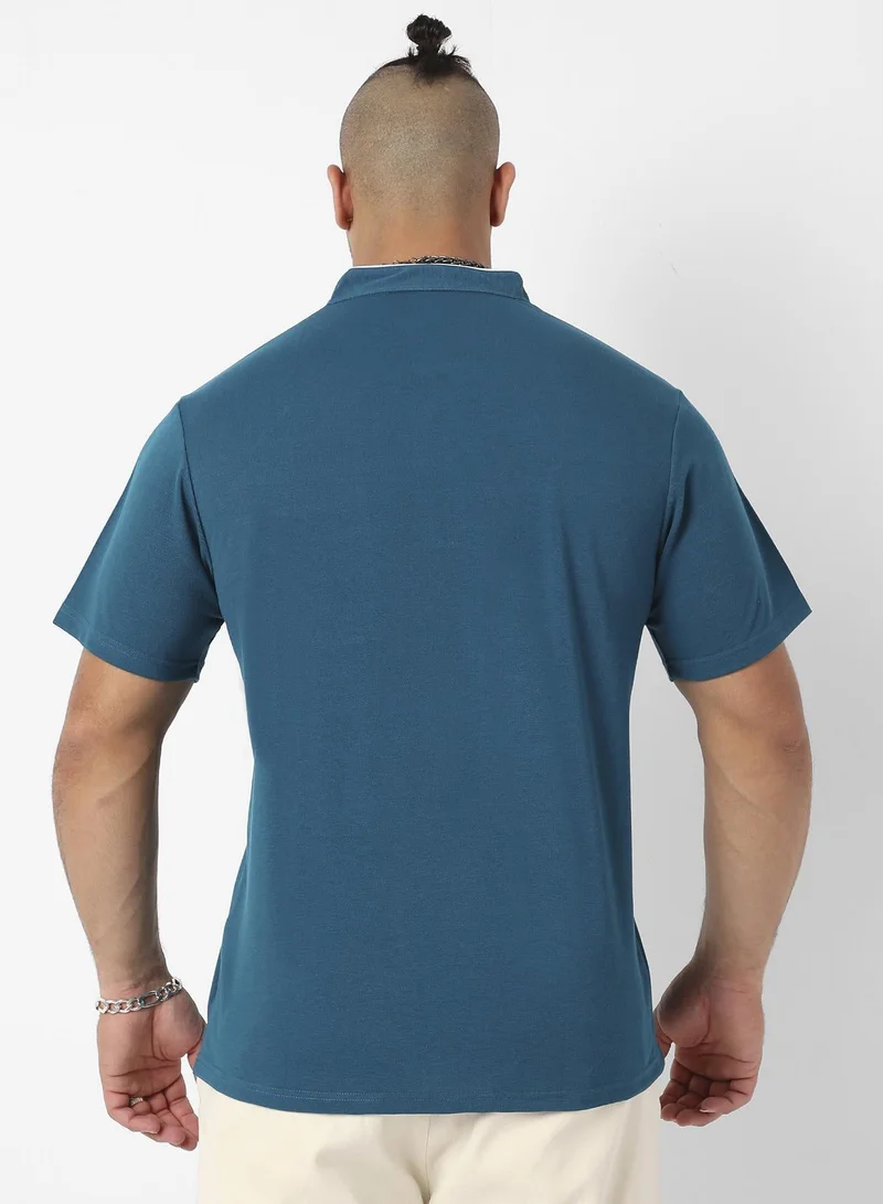 Instafab Plus Men's Teal Blue T-Shirt With Contrast Detail