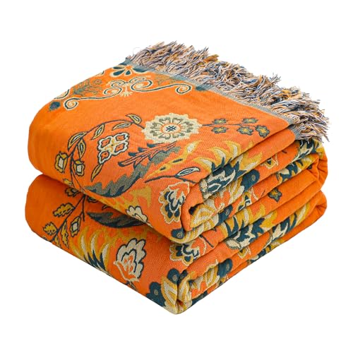VANJOROY Boho Throw Blanket 100 Cotton Muslin Breathable Soft Bed Throw Floral Farmhouse Decor Blanket for Sofa Couch Chair and Gift 60 x 80 Orange - Image 1