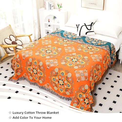 VANJOROY Boho Throw Blanket 100 Cotton Muslin Breathable Soft Bed Throw Floral Farmhouse Decor Blanket for Sofa Couch Chair and Gift 60 x 80 Orange - Image 3