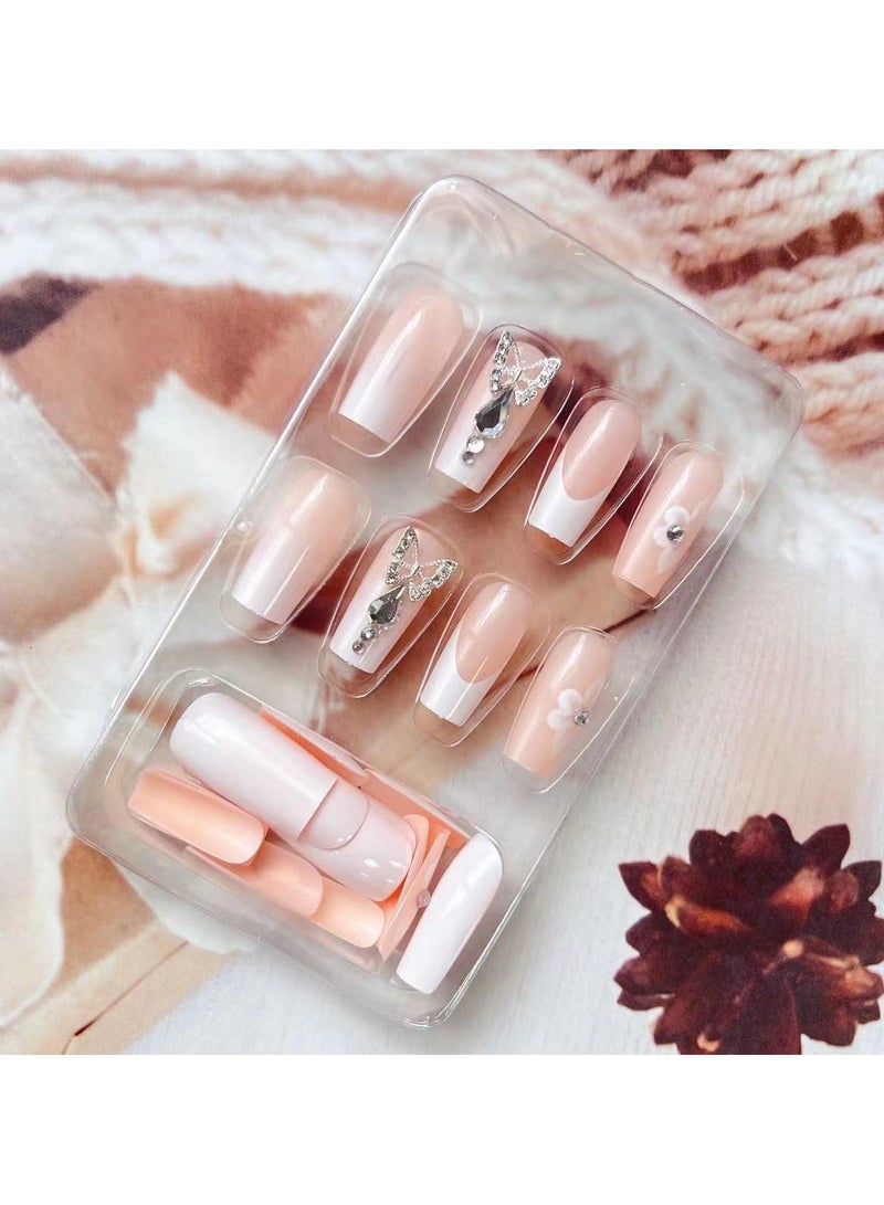 SYOSI 24 Pcs Press on Nails Long Square Shape Fake Nails, White Acrylic Nails Glossy Nude Glue on Nails French False Nail Tips, Diamond Cherry Bow Pearl Design Fake Nails Convenient Wear - Image 2